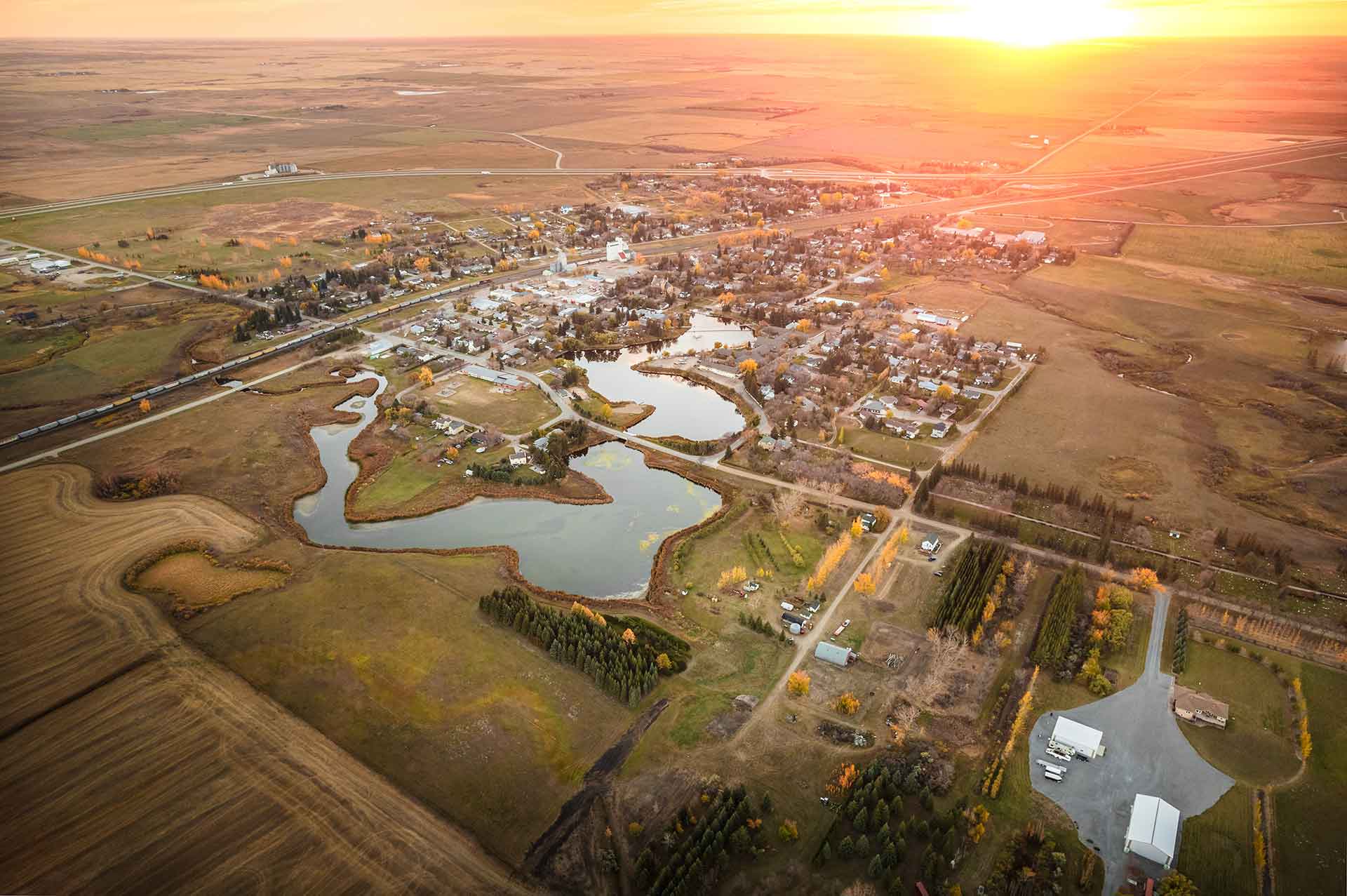 Aerial of town in the Saskatchewan Canada